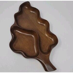 Monkey Pod Wood 16.5" Leaf Shape Divided Dish 2 Section Serving Tray Hawaii EUC